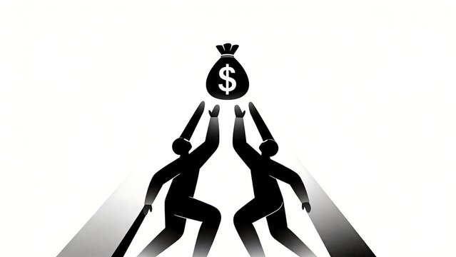 Two figures reaching for a money bag