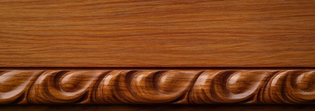 Close-up of polished carved wooden molding and paneling with warm grain and elegant swirl pattern, evoking cozy refined craftsmanship