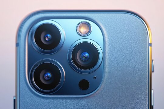 close-up of metallic blue smartphone rear with triple camera lenses, flash, small sensor and textured back conveying sleek modern premium feel