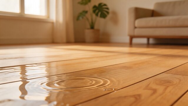 Water puddle on wooden floor in living room