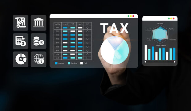 A person interacts with a digital tax management interface showcasing graphs and charts, illustrating effective financial planning and insightful data analysis. Ledger