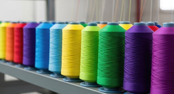 Rows of industrial bobbins wound with vibrant colored polyester thread arranged on a factory shelf ready for high-speed textile weaving, textile, spinning, automation