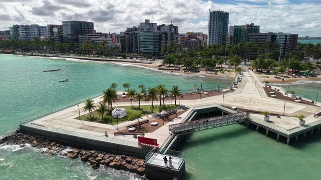 Aerial view of Marco dos Corais during high tide - Observation pier built on the reefs of Ponta Verde Beach, inaugurated in April 2022, a tourist attraction in Macei&oacute;, Alagoas, Brazil