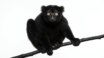 Fototapeta premium A close-up studio portrait of a black lemur sitting on a branch against a white background