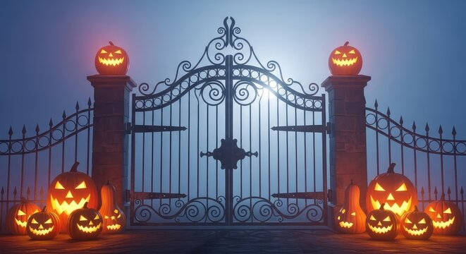 Un antico cancello in ferro di una tenuta spettrale con zucche di Halloween intagliate e illuminate avvolte da una fitta nebbia notturna, zucca, crepuscolo, muschio