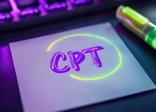 glowing purple cpt handwritten on a sticky note circled by neon yellow arrow beside an illuminated keyboard and highlighter, playful creative workspace
