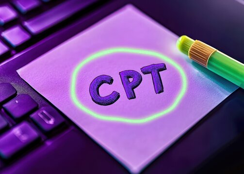 sticky note reading cpt circled in neon green on a laptop keyboard with a green highlighter and moody purple glow conveying focused urgency