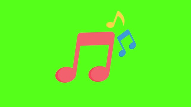 A colorful video animation of musical notes on a green background