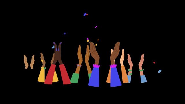 A diverse group of people high-fiving each other in a celebratory video