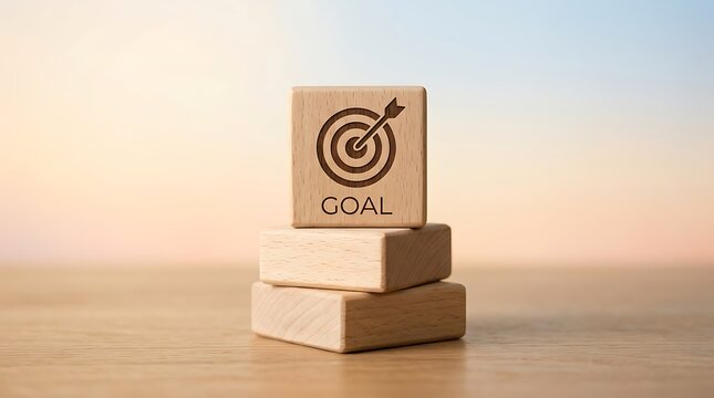 A stack of wooden blocks with a target symbol and the word 'GOAL' sits on a table against a colorful sky background.