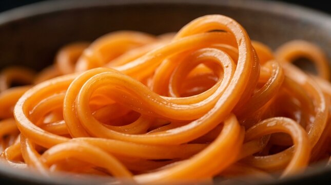 Close up of delicious orange udon noodles in a bowl