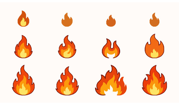 Cartoon fire flames set with glowing light effects for web and game design flat vector isolated on white
