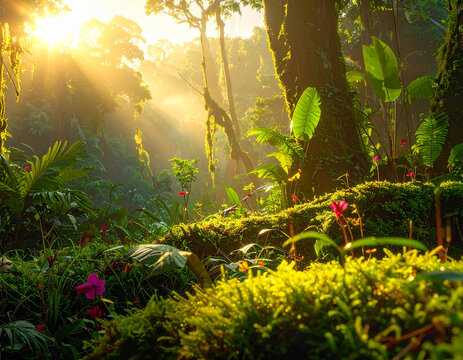 Floresta exuberante com raios de sol e flora
