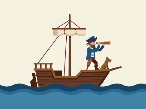 Pirate Captain on Ship Deck with Dog Looking Through Spyglass Telescope Illustration. Minimalist nautical adventure vector for maritime themes and children's content.