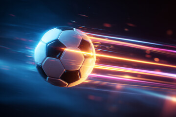 Fototapeta premium Soccer Ball Flying Through Space with Dynamic Neon Light Trails and Fast Motion Blur Effect