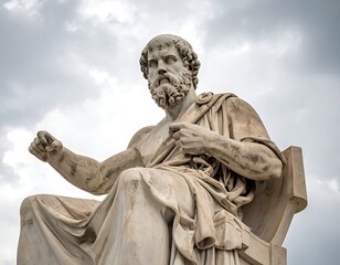 Fototapeta premium A stone statue of a man sitting on a chair under a cloudy sky