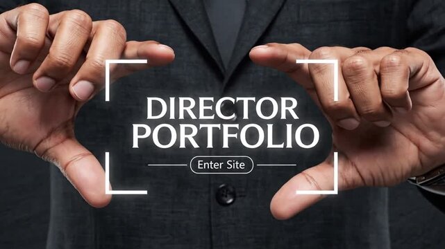 Man in Suit Frames Director Portfolio Text with Hands.