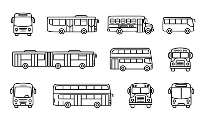 Bus line art icon set with public transport and vehicle symbols in modern thin outline style for web and app design © Himu 