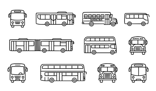 Bus line art icon set with public transport and vehicle symbols in modern thin outline style for web and app design