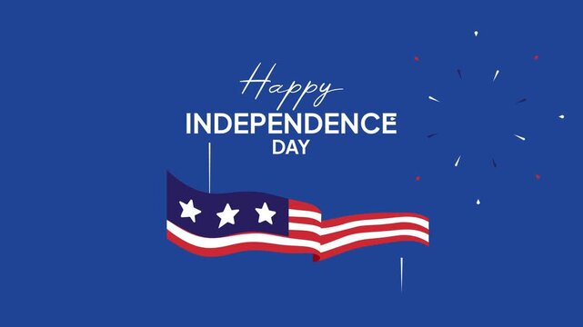 Video animation motion graphic of American flag wave with fireworks celebration 2D flat cartoon stock footage 4K high quality