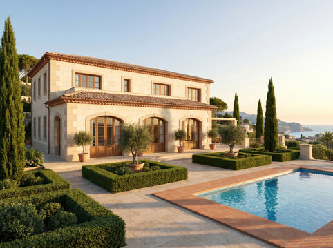 Mediterranean luxury villa with private swimming pool and manicured garden. Tuscan style stone mansion with cypress trees and ocean view. Elegant coastal estate for travel and real estate ads.