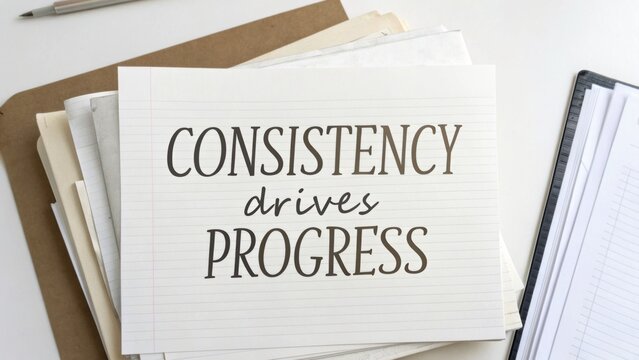 A motivational quote about consistency driving progress on stacked papers, emphasizing effort and achievement