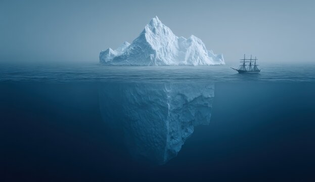 Majestic Iceberg Reflecting in Calm Ocean Waters with Sailing Ship.