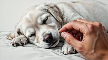 Obraz premium close golden retriever puppy sleeping white blanket puppy lying its side its head resting its front paws its eyes closed person hand gently touching puppy nose background plain white making puppy