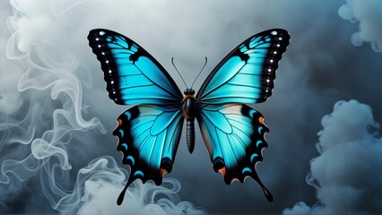 Naklejka premium digital illustration blue butterfly black orange wings butterfly center its body facing towards right side frame wings spread out tips wings pointing upwards body butterfly deep blue color black