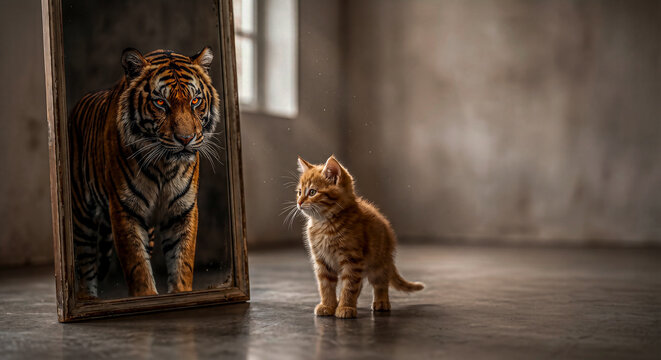 Cute Baby Kitten Looking in Mirror with Powerful Tiger Reflection, Concept of Hidden Strength, Self Belief and Transformation, Surreal Animal Contrast, Clean Copy Space Background