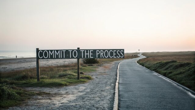 A Wooden Sign Reads Commit To The Process Beside An Open Road Leading Into The Distance