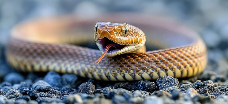 coiled brown patterned snake on rocky ground with open mouth and flicking forked tongue, alert and defensive