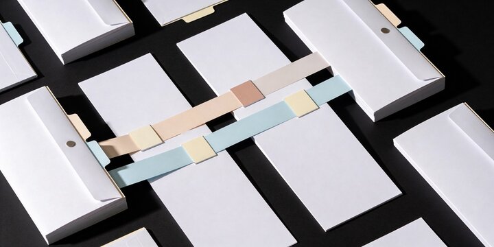 Blank document folders connected by pastel paper bands showing organized routing review workflow with folder tabs on black background for business process header