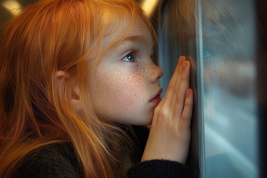 red-haired child with hand pressed to window, reflected eye and freckles in glass, soft warm light, contemplative longing and quiet introspection