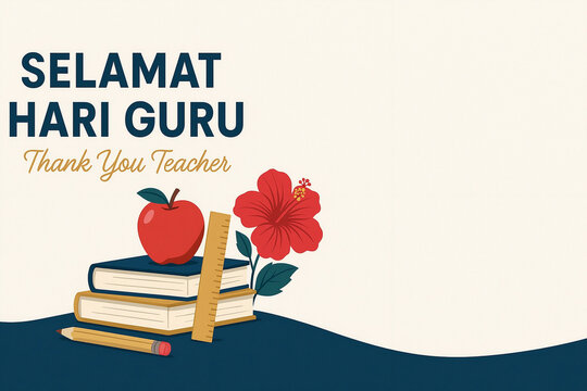 Selamat Hari Guru Thank You Teacher Malaysia Wide Landscape Web Banner with Books Apple Hibiscus Pencil Ruler Flat Vector Illustration