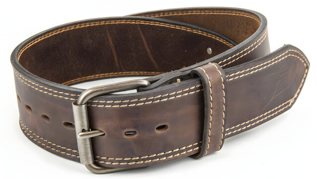 Close up photo of brown leather belt with metal buckle