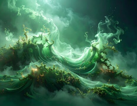 A swirling green misty landscape with glowing tendrils and mysterious clouds