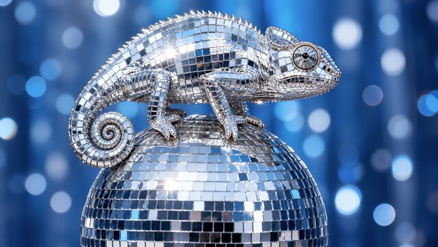 Mirror tile chameleon resting on a disco ball with soft blue bokeh