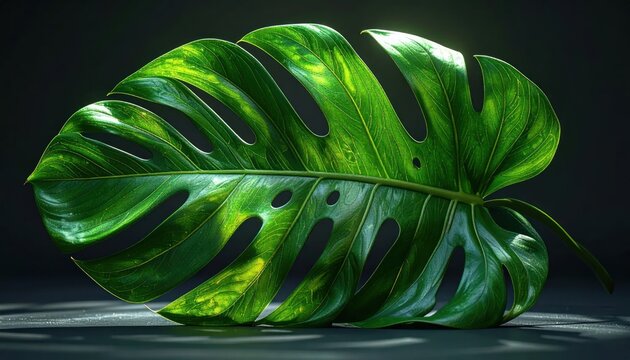Vibrant Green Monstera Leaf with Natural Light and Shadows.