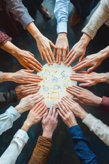 Obraz premium Multiple diverse hands forming a circle over a table with hand-drawn diagrams and flowcharts, collaborating in a focused and optimistic teamwork moment