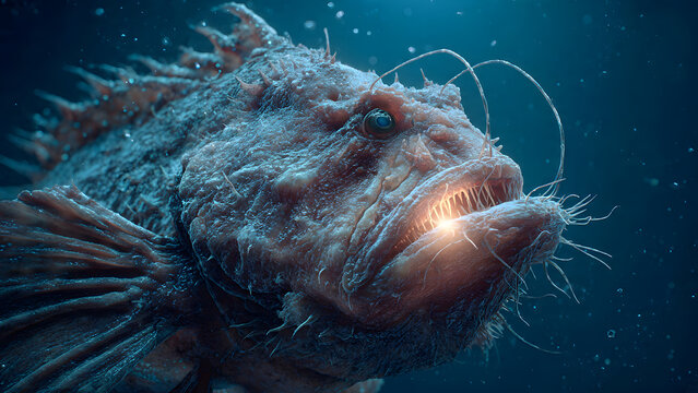 Close-up of an Anglerfish in Deep Ocean with Bioluminescent Light