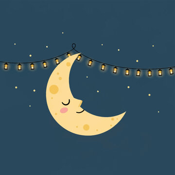 Cute sleeping crescent moon illustration with a friendly face, craters, and pink cheeks, hanging from a string of glowing lanterns against a dark blue starry night sky background.