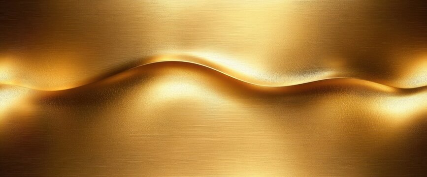 Golden metallic wave surface with brushed grain, smooth flowing curves and warm glowing highlights evoking luxurious serene elegance