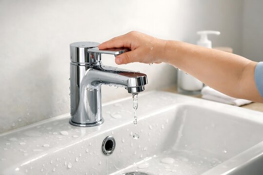 Hand turning off water tap conservation saving water concept
