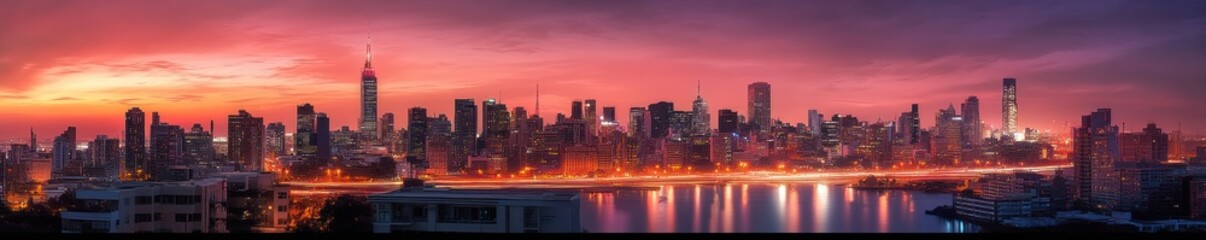 Obraz premium panoramic city skyline at vibrant sunset with glowing bridge lights and river reflections, dramatic purple-orange sky over modern skyscrapers conveying calm yet electric mood