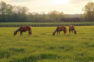 Naklejka premium three horses grazing in a green meadow dotted with yellow flowers beside a wooden fence and distant barn at golden hour, tranquil and peaceful countryside scene