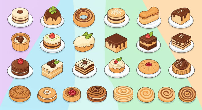 Vector illustration of a dessert collection featuring cute chibi style cakes, pastries, tarts, and cookies with chocolate and fruit toppings on a vertical pastel striped background.