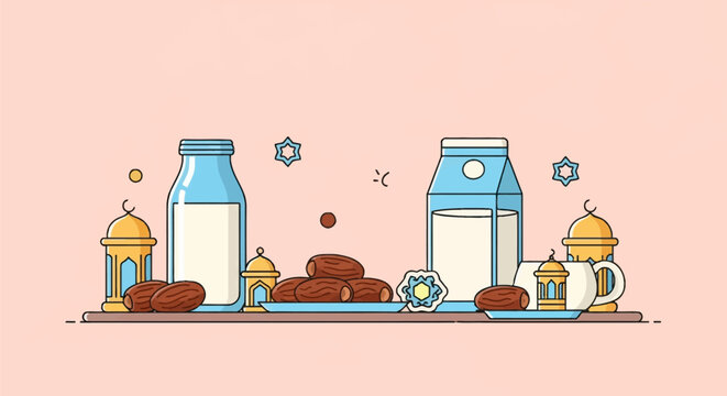 Flat vector illustration of dried dates on plates with a milk bottle, carton, cup, and lanterns for Ramadan Iftar, clean line art style on a peach background horizontal banner.