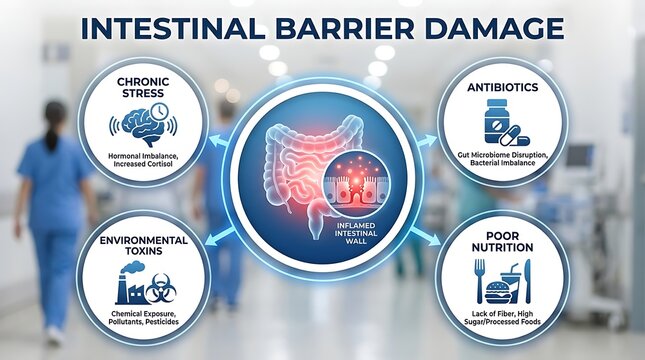 Visualizing Intestinal Barrier Damage: Understanding Causes Like Stress, Toxins, Antibiotics, and Poor Nutrition Affecting Gut Health