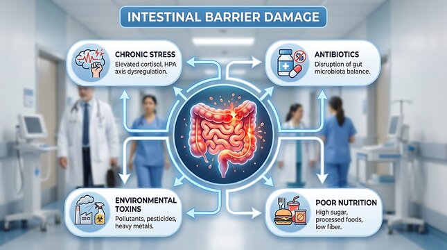 Understanding Intestinal Barrier Damage: Factors like chronic stress, antibiotics, environmental toxins, and poor nutrition negatively impact gut health.